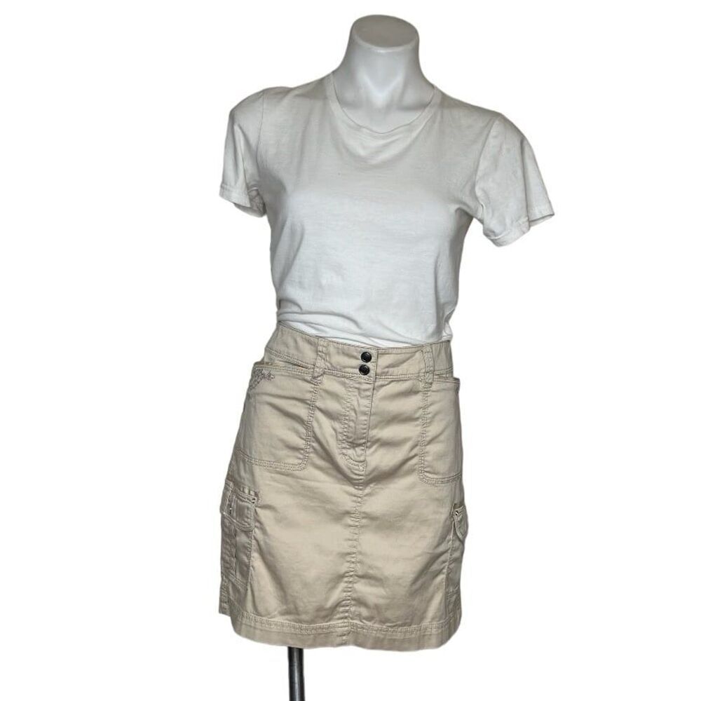 WHBM Beige Cargo Skirt Embroidered Flap Pocket Above Knee Stretch Size 12